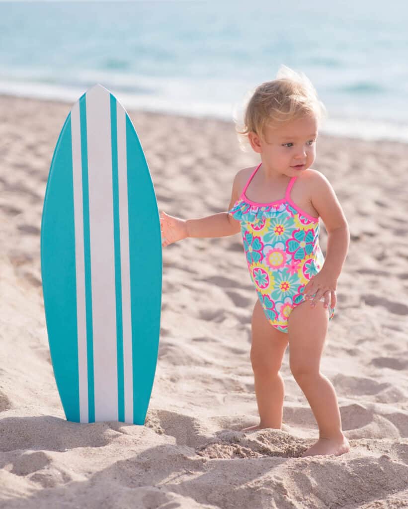 blonde baby beach surf board