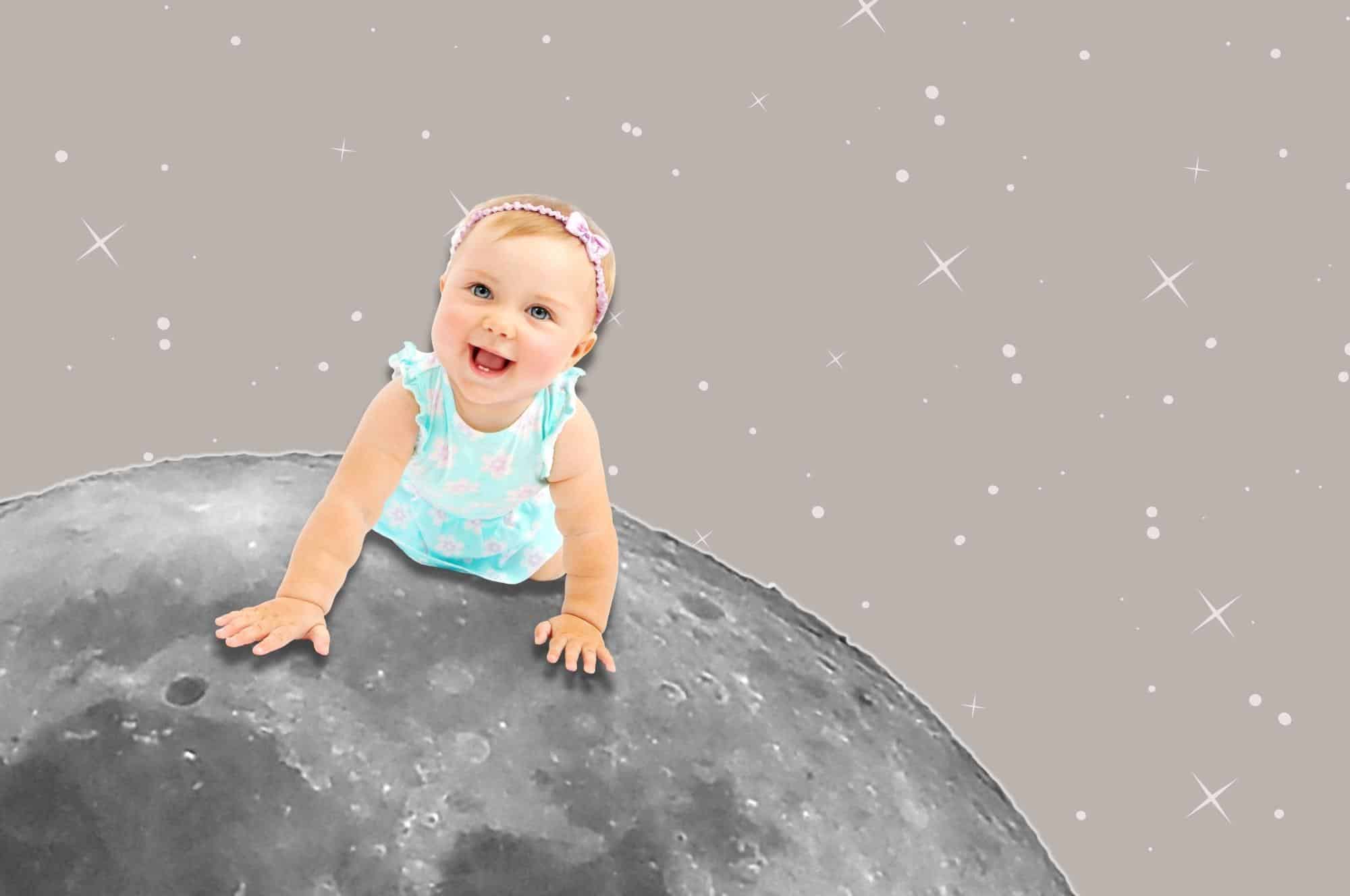 baby girl crawling on moon