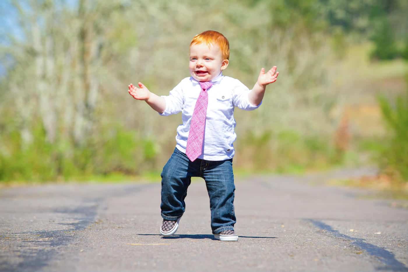 redhead irish baby boy walking