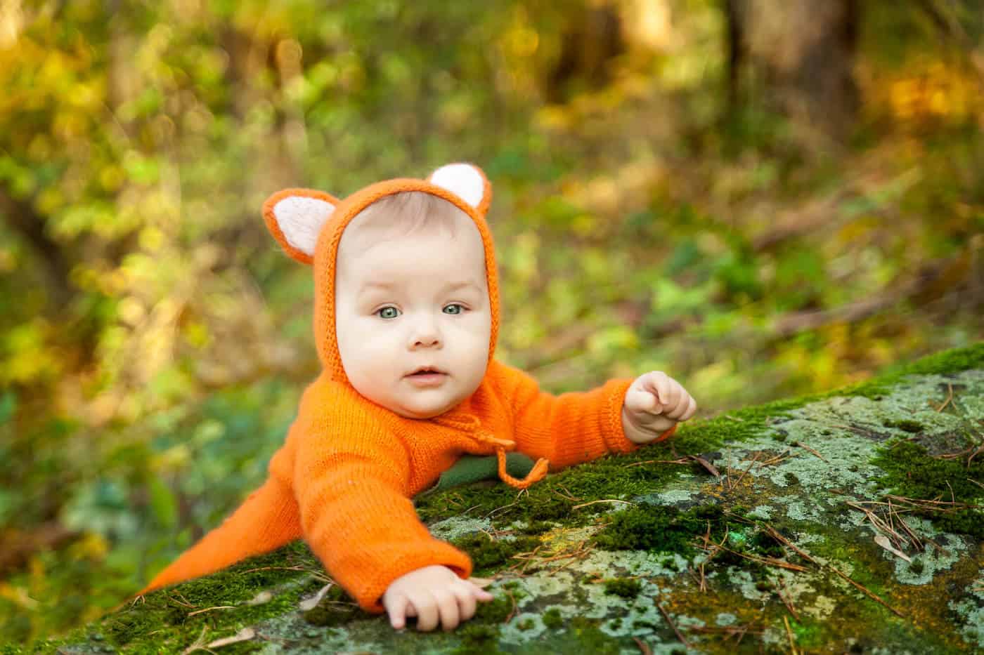 baby dressed as fox outside nature