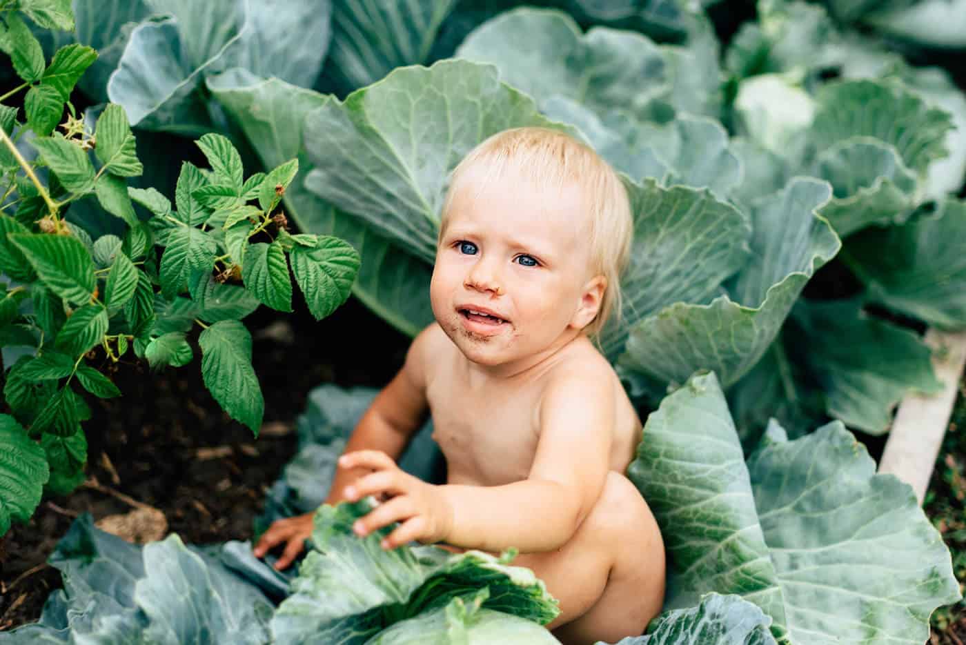 baby boy in garden surrounded by plants